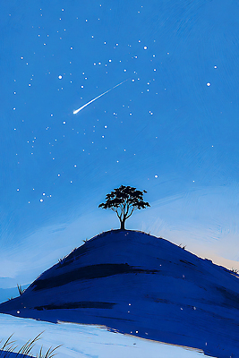 자연요소 식물 별 컬러 자연 하늘 빛 야간 생태계 파일형식 AI콘텐츠 언덕 나무 유성 은하수 풍경 우주 밝음 뷰티풀 별빛 대기 고요 멀리 산 그라데이션 파란색 일러스트 국내일러스트 JPG 밤하늘 AI일러스트