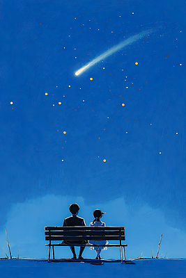 자연요소 여자 감정 어린이 컨셉 의자 관계 모션 하늘 사람 여름 야간 생태계 파일형식 AI콘텐츠 밤하늘 별 유성 벤치 남자 소녀 관찰 소통 자연 우주 풍경 여름밤 행복 추억 평화 친구 사랑 소원 꿈 조용 일러스트 국내일러스트 JPG AI일러스트