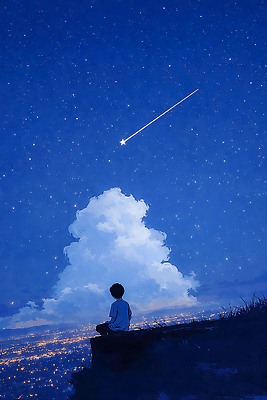 자연요소 남자 어린이 컨셉 모션 하늘 사람 야간 생태계 파일형식 AI콘텐츠 별 언덕 도시 빛 관찰 평화 풍경 꿈 상상 자아 소년 궤도 자연 감정 일러스트 국내일러스트 JPG 밤하늘 AI일러스트