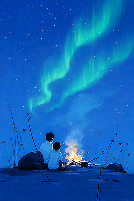 자연요소 계절 컨셉 하늘 야간 생태계 파일형식 AI콘텐츠 별 불 사람 함께함 감상 자연 여행 순간 힐링 고요 추억 따뜻함 조용 소중 어둠 여름 빛 일러스트 국내일러스트 JPG 밤하늘 AI일러스트