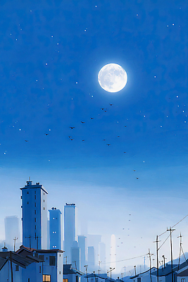 자연요소 동물 건축물 조류 하늘 야간 파일형식 풍경_경치 AI콘텐츠 도시 건물 달 풍경 빛 밝음 별 거리 전선 갈매기 비행 야경 일러스트 국내일러스트 JPG 밤하늘 AI일러스트