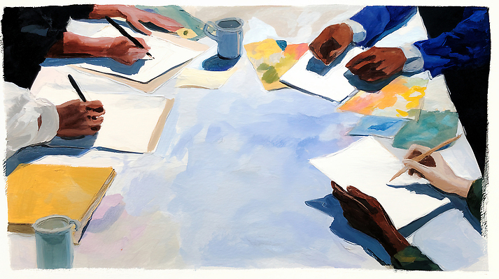 직업 가구 컨셉 비즈니스 문구용품 신체부위 필기구 파일형식 AI콘텐츠 회의 탁자 자료 아이디어 기록 토론 손 펜 공책 준비 협력 작업 생각 문서 커뮤니케이션 그룹 창의성 집중 과정 일러스트 국내일러스트 JPG 직장인 수채화 AI일러스트