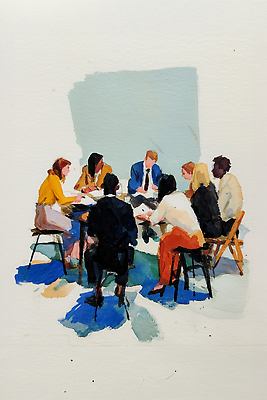 직업 가구 회사 비즈니스 말하기 사람 전자제품 파일형식 AI콘텐츠 회의 탁자 대화 의견 오후 그룹 협상 작업 직장 컬러 방 의자 문서 노트북 협력 전문직 여자 남자 일러스트 국내일러스트 JPG 직장인 수채화 AI일러스트