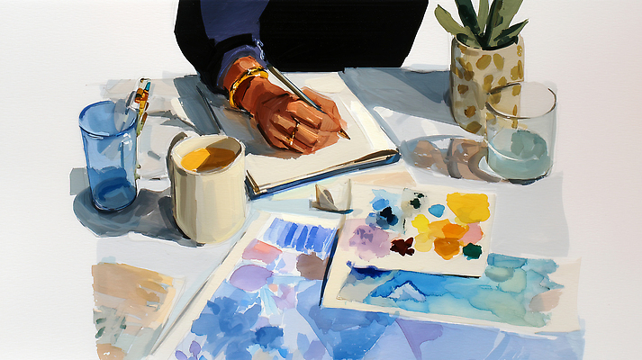 직업 종이 문구용품 미술 라이프 신체부위 컵 미술도구 파일형식 AI콘텐츠 그림 손 공책 색칠 작업 공간 물컵 식물 색종이 예술 창의성 물감 스케치 일상 작업대 기록 촬영 드로잉 컬러 일러스트 국내일러스트 JPG 비즈니스 직장인 수채화 AI일러스트