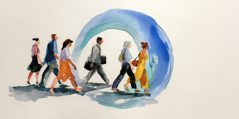 자연요소 도형 직업 잡화 건축 컬러 다수 컨셉 모션 사람 라이프 파일형식 AI콘텐츠 여러명 걷기 도시 거리 구조물 파란색 원형 주간 그룹 이동 일상 패션 직장인 남자 여자 가방 옷 일러스트 국내일러스트 JPG 비즈니스 수채화 AI일러스트