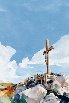 라이프 신_종교 생태계 파일형식 AI콘텐츠 십자가 언덕 하늘 자연 종교 돌_바위 풍경 그림 예술 일상 산 기도 전통 일러스트 국내일러스트 JPG 수채화 예수 AI일러스트