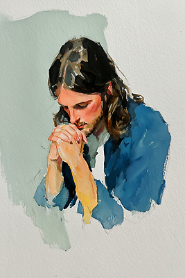 컬러 컨셉 사람 신체부위 신_종교 그림 파일형식 AI콘텐츠 기도 남자 손 파란색 머리 백그라운드 예배 종교 집중 생각 예술 묘사 감정 인물화 표현 시간 공간 일러스트 국내일러스트 JPG 수채화 예수 AI일러스트