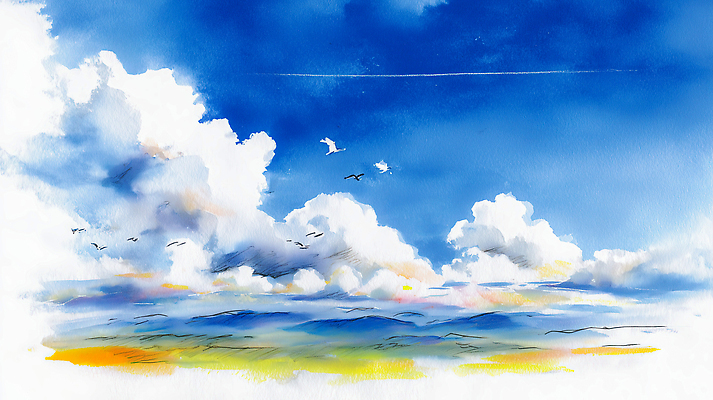 자연요소 동물 계절 모션 날씨 미술도구 생태계 파일형식 AI콘텐츠 하늘 바다 수채화 그림 자연 풍경 조류 비행 예술 컬러 표현 바람 수평선 여름 물감 그리기 맑음 일러스트 국내일러스트 JPG 구름 AI일러스트