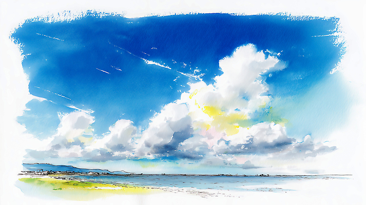 자연요소 모양 계절 바다 컬러 날씨 그림 생태계 파일형식 구름_자연 AI콘텐츠 해변 하늘 풍경 주간 자연 여름 파란색 수평선 바람 구름모양 예술 풍경화 일러스트 국내일러스트 JPG 수채화 구름 AI일러스트