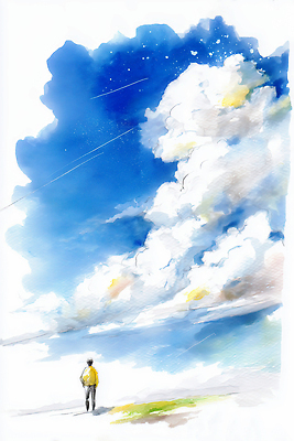 자연요소 컬러 컨셉 모션 날씨 라이프 생태계 파일형식 AI콘텐츠 하늘 사람 감상 풍경 맑음 자연 일상 공백 신선 시원함 평화 관찰 그림 예술 파란색 노란색 수평선 일러스트 국내일러스트 JPG 수채화 구름 AI일러스트