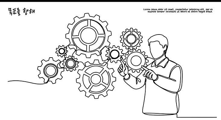 도형 컨셉 일러스트 사람 파일형식 벡터 남자 기어 목표 작업 집중 기술 도구 조작 과정 선 원형 기계 상징 발전 생각 모션 디자인 장비 창의성 국내일러스트 AI파일 라인일러스트