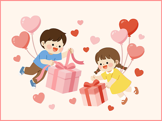 행복 어린이 컬러 일러스트 놀이 선물 사랑 웃음 두명 상자 파티 기쁨 하트 생일 어린이날 즐거움 풍선 놀기 순간 국내일러스트 AI파일 모양 기념일 감정 모션 표정 사람 이벤트 파일형식 벡터