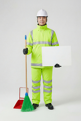 JPG 편집이미지 모션 노동자 작업복 서기 노란색 환경 장비 쓰레기통 표지판 안전모 청소도구 빗자루 청소 밝은색 환경미화원 의료성형뷰티 편집실사 AI인물포토 AI콘텐츠 직업 옷 컬러 알림판 도구 헬멧 안전장비 CG 파일형식 AI포토