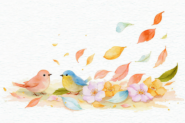 JPG 동물 꽃 새끼 분홍색 컬러 잎 꽃밭 일러스트 자연 조류 날리기 수채화 파란색 마주보기 봄 먹여주기 그림 국내일러스트 AI일러스트 AI콘텐츠 식물 계절 모션 먹기 생태계 파일형식