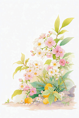 JPG 나무 식물 꽃 분홍색 컬러 백그라운드 잎 과일 일러스트 자연 생명 풍경 여름 노란색 그림 원예 조화 국내일러스트 AI일러스트 AI콘텐츠 계절 취미 생태계 파일형식