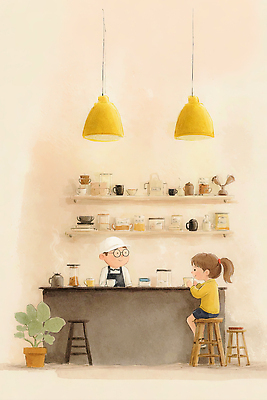 JPG 식물 커피 음료 의자 일러스트 탁자 조명 수채화 따뜻함 대화 앉기 여러명 일상 공간 카페 마시기 계산대 고객 만들기 바리스타 소통 국내일러스트 직업 가구 다수 컨셉 모션 말하기 사람 라이프 상점 파일형식