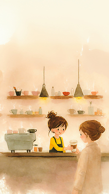 JPG 커피 음료 일러스트 아침 수채화 대화 일상 컵 상점 식사 기계 카페 계산대 고객 서비스 바리스타 오후 국내일러스트 AI일러스트 AI콘텐츠 주간 직업 식기 말하기 라이프 파일형식