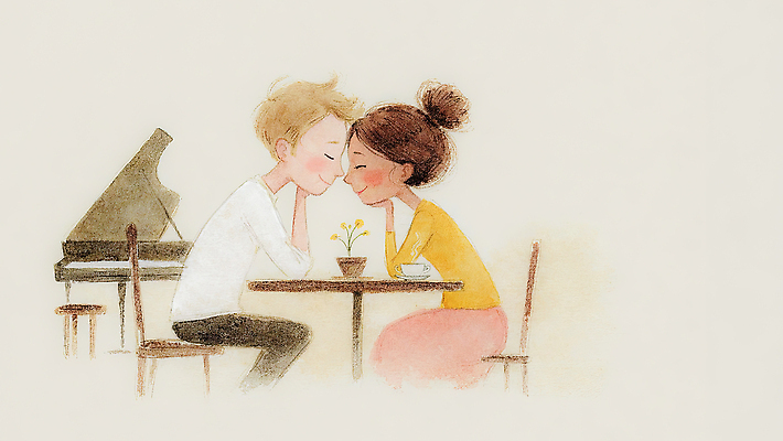 JPG 여자 남자 감정 화분 음악 일러스트 관계 탁자 수채화 대화 사랑 웃음 사람 취미 공간 카페 만남 시간 즐거움 소통 국내일러스트 AI일러스트 AI콘텐츠 가구 컨셉 문화예술 표정 말하기 상점 파일형식