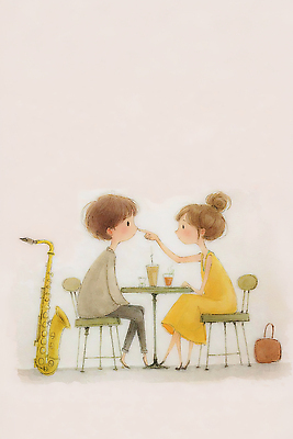 JPG 여자 남자 음료 음악 일러스트 상상 수채화 대화 사랑 앉기 두명 여름 식사 카페 만남 시간 색소폰 즐거움 소통 뷰티풀 국내일러스트 AI일러스트 AI콘텐츠 계절 감정 컨셉 모션 문화예술 말하기 사람 상점 목관악기 파일형식