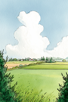 JPG 나무 밭 일러스트 자연 하늘 바람 수채화 주택 풍경 초원 여름 농작물 시골 대기 평지 집들이 홀로라이프 국내일러스트 AI일러스트 AI콘텐츠 자연요소 식물 라이프스타일 계절 농업 날씨 건물 땅 생태계 파일형식