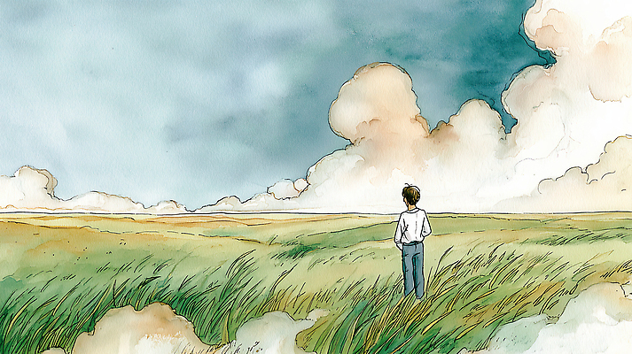 JPG 응시 남자 감정 일러스트 자연 하늘 수채화 풍경 초원 라이프 공간 자유 땅 지역 조화 오후 평원 국내일러스트 AI일러스트 AI콘텐츠 시선 컨셉 사람 생활 생태계 파일형식