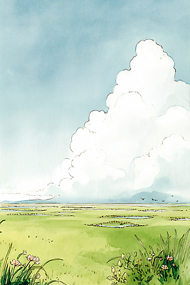 JPG 식물 꽃 하늘색 일러스트 자연 하늘 날씨 수채화 산 풍경 초원 여름 평화 시골 관찰 구름모양 드넓은 평야 국내일러스트 AI일러스트 AI콘텐츠 모양 계절 컨셉 모션 파란색 생태계 파일형식 구름_자연