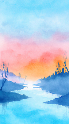 JPG 나무 컬러 일러스트 자연 하늘 수채화 풍경 물 강 반사 일몰 공간 물가 수면 저녁 강가 언덕 지형 평면 국내일러스트 AI일러스트 AI콘텐츠 자연요소 식물 노을 야간 생태계 파일형식