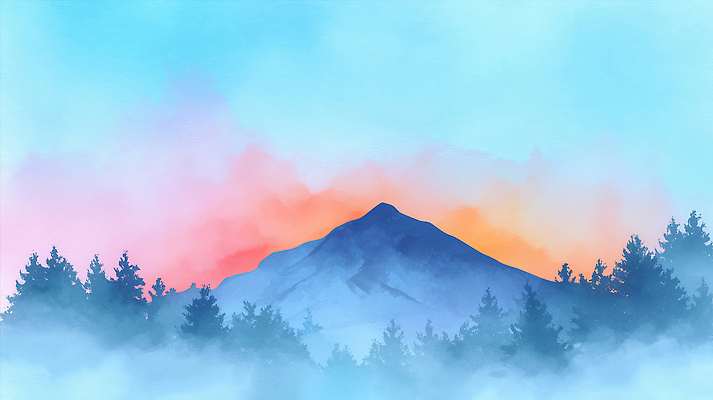 JPG 나무 일러스트 자연 하늘 조명 수채화 산 밝음 풍경 일출 보라색 주황색 일몰 새벽 공간 대기 신선 그림 청록색 파스텔 수목 신기루 국내일러스트 AI일러스트 AI콘텐츠 자연요소 식물 컬러 학용품 노을 생태계 파일형식