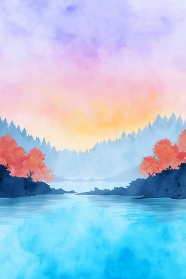 JPG 나무 동물 분홍색 컬러 일러스트 자연 하늘 나뭇잎 수채화 풍경 빨간색 물 여름 강 노란색 일몰 물감 숲 강가 그림 뷰티풀 수목 국내일러스트 AI일러스트 AI콘텐츠 자연요소 식물 계절 잎 노을 미술도구 생태계 파일형식