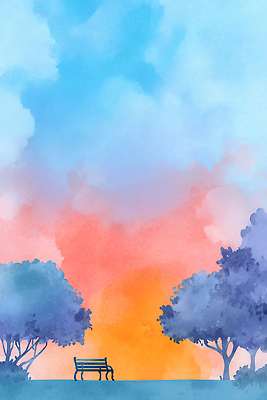 JPG 나무 감정 컬러 벤치 일러스트 자연 하늘 수채화 따뜻함 밝음 풍경 파란색 평화 환경 주황색 일몰 공간 시간 저녁 국내일러스트 AI일러스트 AI콘텐츠 식물 컨셉 의자 노을 야간 생태계 파일형식