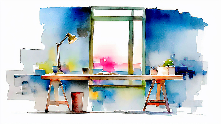 JPG 식물 디자인 컬러 일러스트 창문 조명 수채화 일상 사무실 환경 사무용품 공책 작업실 책상 그림 정리 창의성 평면 국내일러스트 AI일러스트 AI콘텐츠 가구 비즈니스 문구용품 라이프 파일형식