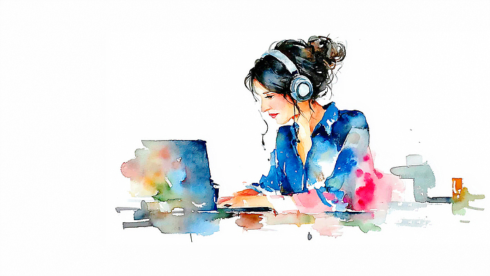 JPG 여자 일러스트 커뮤니케이션 수채화 기술 노트북 전자제품 컴퓨터 사무실 스크린 헤드셋 업무 작업 작업실 집중 그림 문의 온라인 소통 소프트웨어 국내일러스트 AI일러스트 AI콘텐츠 음향기기 컨셉 비즈니스 사람 헤드폰 파일형식