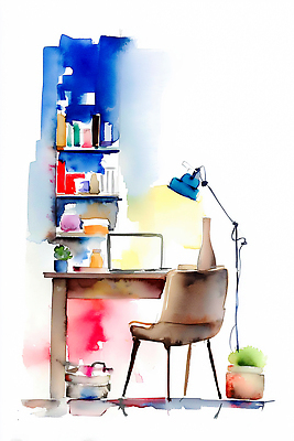 JPG 식물 디자인 벽 의자 일러스트 조명 수채화 실내 실험 책 파란색 노트북 학습 사무실 흰색 작업실 편안함 책상 그림 서랍장 꾸미기 창의성 혼자 국내일러스트 AI일러스트 AI콘텐츠 교육 컬러 가구 비즈니스 내부 전자제품 감각 파일형식