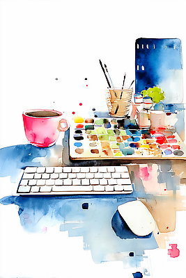 JPG 디자인 커피 예술 컬러 일러스트 수채화 취미 컴퓨터 사무실 물감 도구 키보드 마우스 작업 색칠 작업실 팔레트 그림 유리용기 창의력 국내일러스트 AI일러스트 AI콘텐츠 음료 비즈니스 전자제품 컴퓨터용품 미술도구 용기_그릇 파일형식