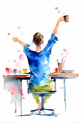 JPG 커피 컬러 포즈 일러스트 성공 수채화 사무실 독서 물감 공간 기쁨 도구 작업 작업실 편안함 집중 그림 아티스트 창의성 혼자 국내일러스트 AI일러스트 AI콘텐츠 직업 감정 음료 컨셉 비즈니스 미술도구 감각 파일형식