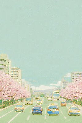 JPG 나무 도로 교통 이동 일러스트 자동차 하늘 날씨 거리 한국 풍경 이벤트 빌딩 여러명 파란색 도시풍경 봄 벚꽃 도시 목련 만개 국내일러스트 AI일러스트 AI콘텐츠 식물 계절 꽃 아시아 길 육상교통 컬러 다수 컨셉 교통시설 사람 건물 파일형식