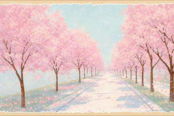 JPG 나무 공원 꽃잎 길 일러스트 자연 바람 거리 풍경 여름 소풍 걷기 봄 산책 벚꽃 꽃길 나무길 국내일러스트 AI일러스트 AI콘텐츠 자연요소 식물 계절 공공시설 꽃 모션 날씨 휴식 야외활동 생태계 파일형식