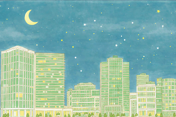 JPG 식물 디자인 건축 별 창 컬러 백그라운드 일러스트 자연 밤하늘 하늘 조명 거리 풍경 고층빌딩 달 도시 그림 이미지 국내일러스트 자연요소 무기 빌딩 야간 생태계 파일형식