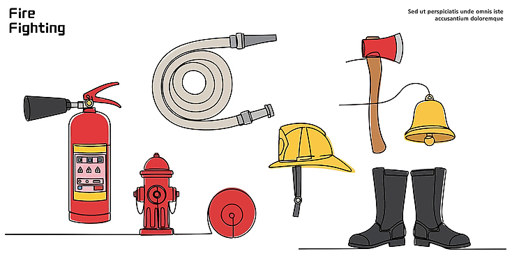 일러스트 안전 장비 도구 구출 헬멧 소방관 소방 연습 화재 도끼 소화기 소화전 소방서 소방호스 화재예방 국내일러스트 AI파일 도움 안전장비 보호장비 구조원 사건 예방 호스 파일형식 벡터