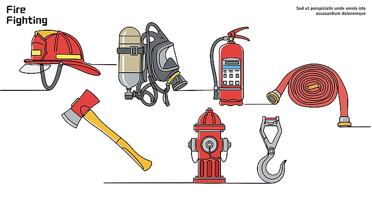일러스트 안전 기계 장비 작업 구출 헬멧 소방관 소방 예방 화재 도끼 소화기 소방호스 수단 수문 툴 국내일러스트 AI파일 도움 안전장비 보호장비 구조원 사건 호스 파일형식 벡터