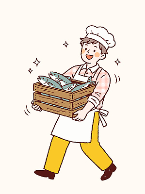 직업 손 남자 음식 일러스트 재료 어류 요리 웃음 상자 주방 식당 요리사 식사 신선 작업 시장 해산물 준비 일과 레시피 국내일러스트 AI파일 표정 사람 신체부위 상점 수중동물 파일형식 벡터