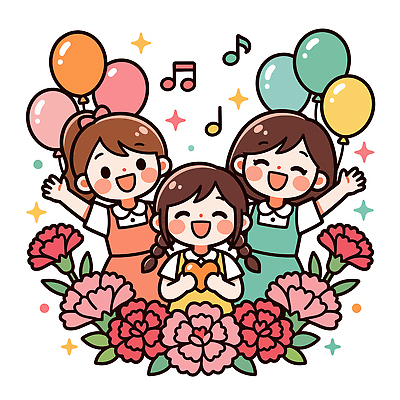 꽃 행복 어린이 음악 일러스트 포옹 놀이 표정 웃음 세명 친구 파티 기쁨 모임 축하 생일 스승의날 즐거움 가정의달 풍선 색감 국내일러스트 AI파일 식물 기념일 감정 컨셉 관계 안기 문화예술 사람 이벤트 5월 파일형식 벡터