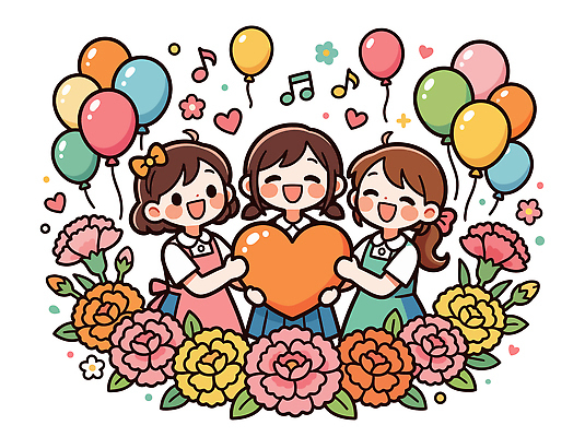 여자 꽃 행복 감정 어린이 컬러 일러스트 모션 사랑 웃음 세명 친구 파티 귀여움 모임 하트 축하 스승의날 장면 가정의달 풍선 국내일러스트 AI파일 모양 식물 기념일 컨셉 관계 표정 사람 이벤트 5월 파일형식 벡터