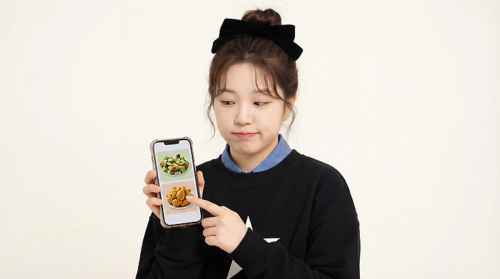 JPG 편집이미지 여자 한식 음식 백그라운드 디저트 건강 요리 스마트폰 치킨 샐러드 가리킴 선택 단순화된 의료성형뷰티 편집실사 AI인물포토 AI콘텐츠 컨셉 사람 손짓 핸드폰 스마트기기 CG 닭고기요리 파일형식 AI포토