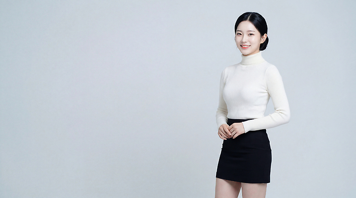 JPG 모델 편집이미지 옷 여자 패션 포즈 스튜디오 미소 치마 카메라 검은색 촬영 흰색 스웨터 의료성형뷰티 스타일 편집실사 AI인물포토 AI콘텐츠 컬러 상의 하의 표정 사람 전자제품 CG 파일형식 AI포토