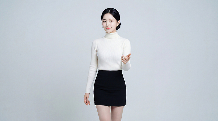 JPG 모델 편집이미지 여자 패션 포즈 스튜디오 서기 미소 치마 카메라 검은색 촬영 흰색 스웨터 의료성형뷰티 스타일 편집실사 AI인물포토 AI콘텐츠 컬러 상의 모션 하의 표정 사람 전자제품 CG 파일형식 AI포토