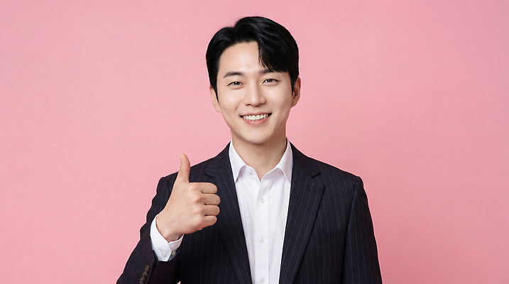 JPG 편집이미지 옷 남자 분홍색 포즈 백그라운드 모션 표정 밝음 미소 웃음 사람 정장 엄지손가락 의료성형뷰티 스타일 편집실사 AI인물포토 AI콘텐츠 컬러 손가락 CG 파일형식 AI포토