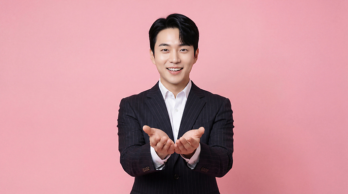 JPG 편집이미지 손 남자 분홍색 포즈 백그라운드 상의 신체 모션 표정 웃음 사람 정장 상반신 의료성형뷰티 편집실사 AI인물포토 AI콘텐츠 옷 컬러 신체부위 CG 파일형식 AI포토