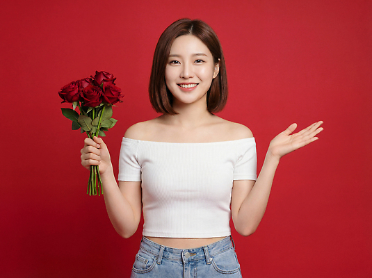 JPG 편집이미지 손 여자 패션 행복 감정 얼굴 꽃다발 포즈 웃음 장미 머리 촬영 빨간배경 성년의날 순간 의료성형뷰티 스타일 편집실사 AI인물포토 AI콘텐츠 기념일 꽃 백그라운드 표정 사람 신체부위 빨간색 CG 파일형식 AI포토