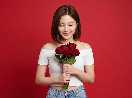 JPG 편집이미지 손 여자 패션 꽃 꽃다발 백그라운드 조명 표정 미소 빨간색 장미 촬영 주말 성년의날 의료성형뷰티 스타일 편집실사 AI인물포토 AI콘텐츠 식물 기념일 컬러 사람 신체부위 CG 파일형식 AI포토